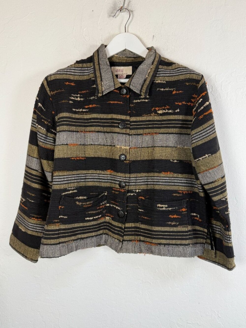 Anu by Natural Womens Cotton Jacket Striped Textured Boho Artsy Medium Button Up